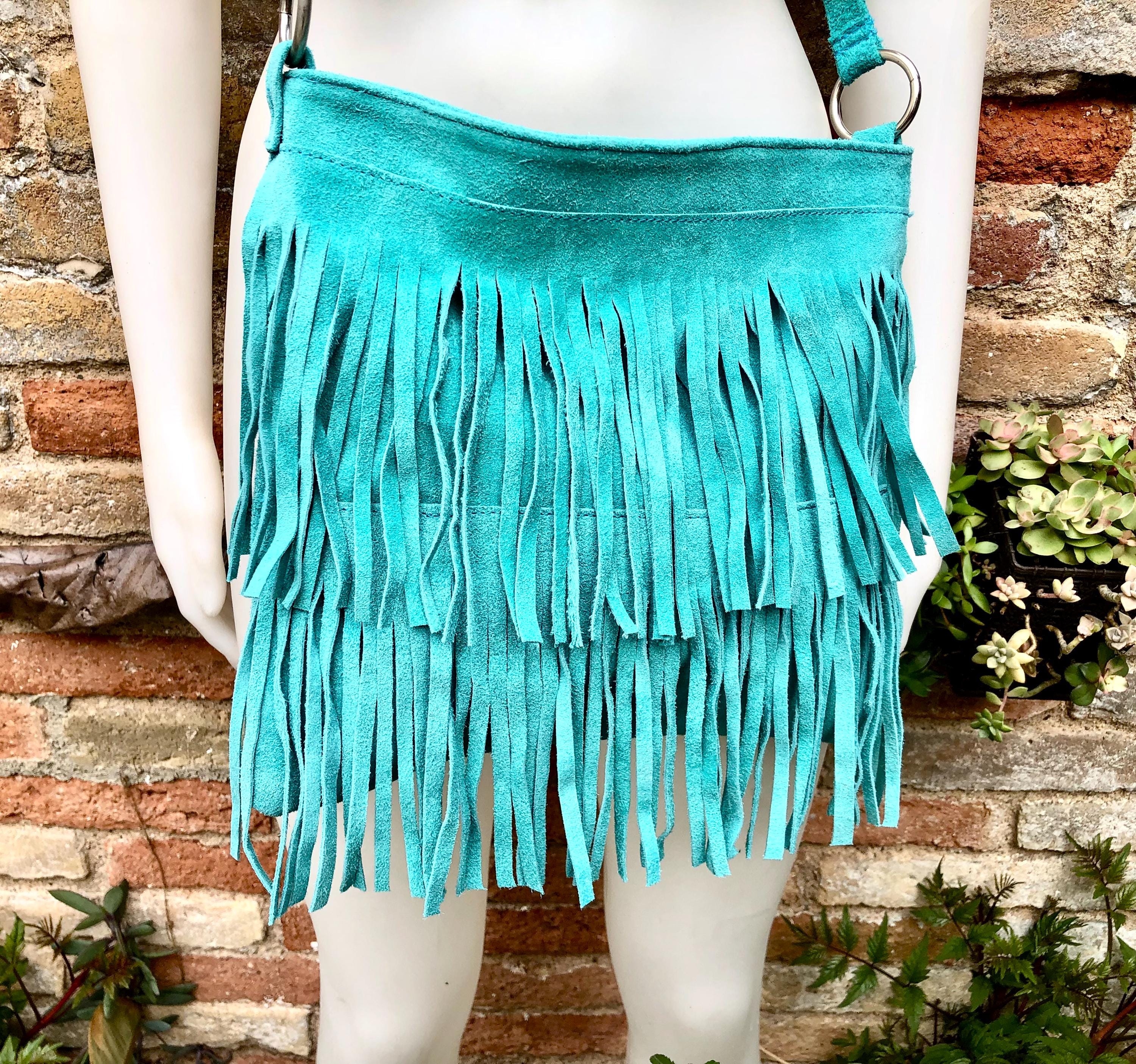 Cross body BOHO suede leather bag in light turquoise with FRINGES. Larger model. genuine suede crossbody hippy bag. Blue fringed bag