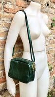 Small leather bag in metallic green. Genuine leather cross body / shoulder bag. Dark green glitter purse. Adjustable strap. Gold accents