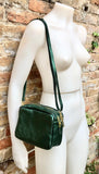 Small leather bag in metallic green. Genuine leather cross body / shoulder bag. Dark green glitter purse. Adjustable strap. Gold accents