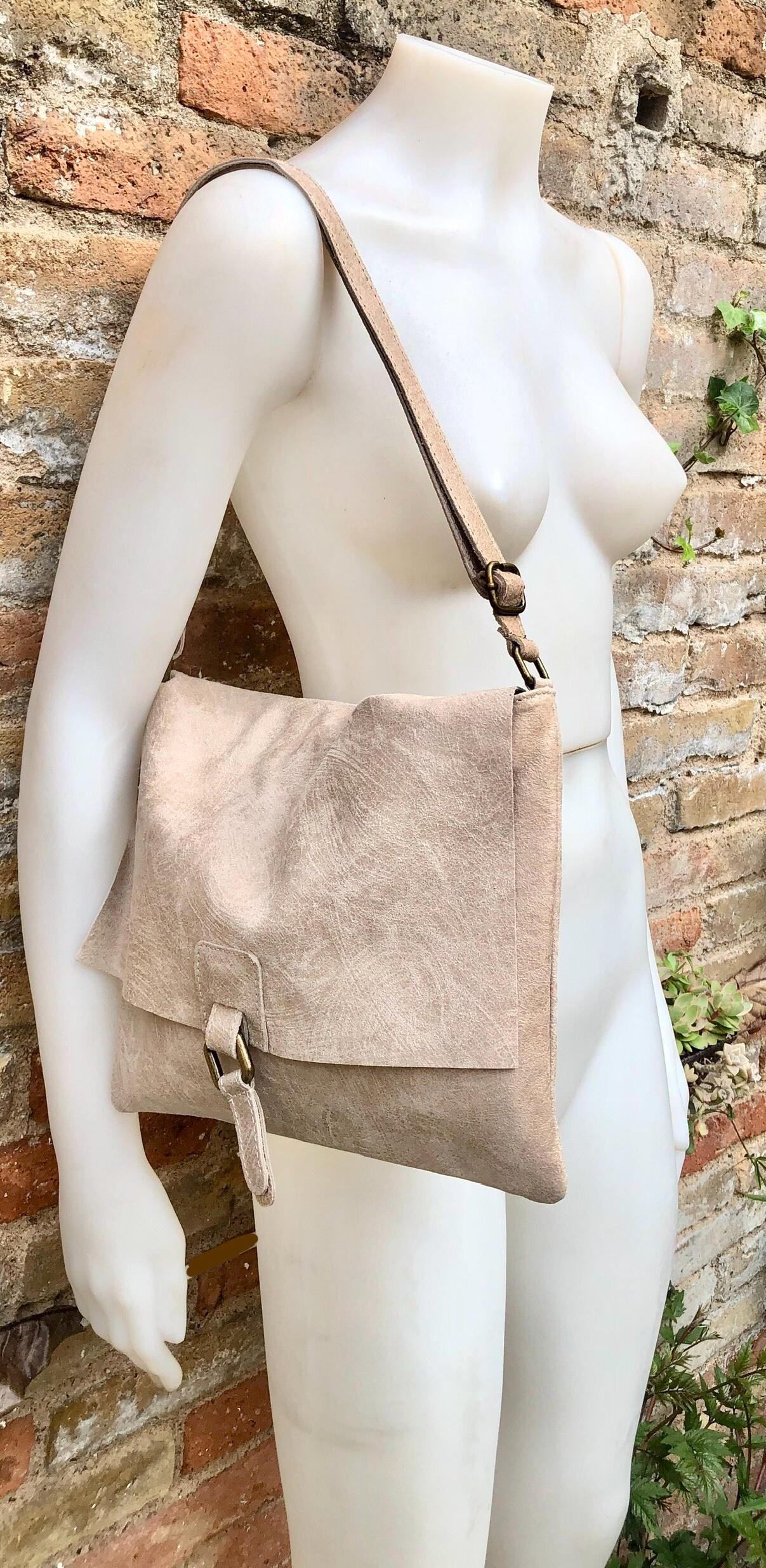 BOHO leather messenger bag in light BEIGE. Cross body bag in BEIGE suede. Soft genuine leather messenger bag.Beige leather purse