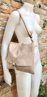 BOHO leather messenger bag in light BEIGE. Cross body bag in BEIGE suede. Soft genuine leather messenger bag.Beige leather purse