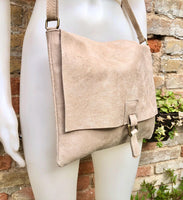 BOHO leather messenger bag in light BEIGE. Cross body bag in BEIGE suede. Soft genuine leather messenger bag.Beige leather purse