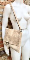 BOHO suede + leather messenger bag in light BEIGE. Cross body bag in BEIGE suede. Soft genuine leather messenger bag. Beige leather purse