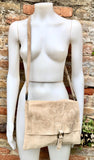 BOHO suede + leather messenger bag in light BEIGE. Cross body bag in BEIGE suede. Soft genuine leather messenger bag. Beige leather purse