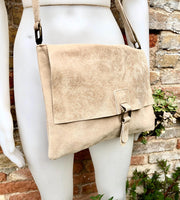 BOHO suede + leather messenger bag in light BEIGE. Cross body bag in BEIGE suede. Soft genuine leather messenger bag. Beige leather purse