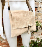 BOHO suede + leather messenger bag in light BEIGE. Cross body bag in BEIGE suede. Soft genuine leather messenger bag. Beige leather purse