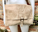 BOHO suede + leather messenger bag in light BEIGE. Cross body bag in BEIGE suede. Soft genuine leather messenger bag. Beige leather purse