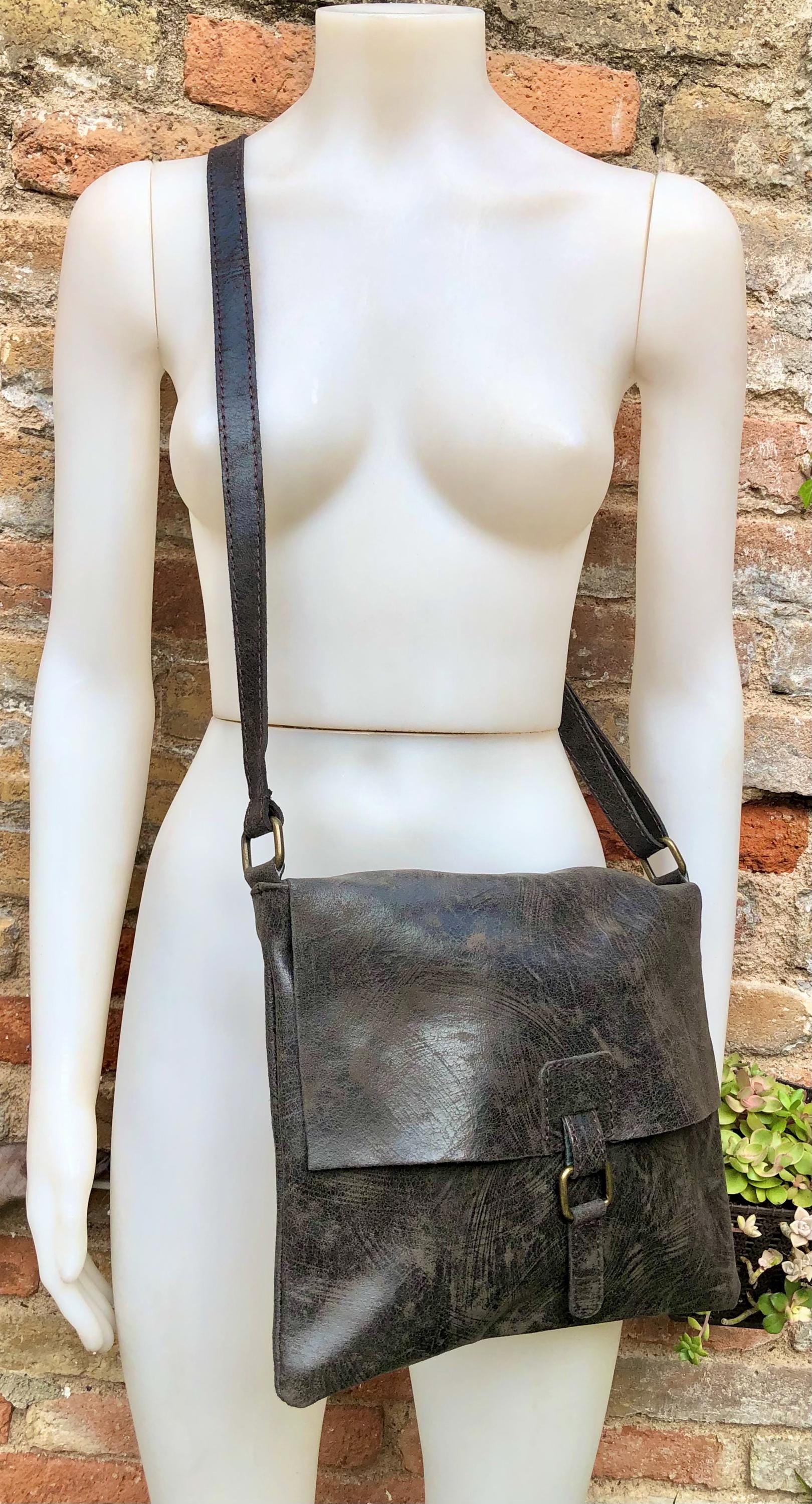 Dark brown leather messenger bag. Crossbody / shoulder bag with flap + zipper. Soft genuine leather messenger bag. Brown leather purse
