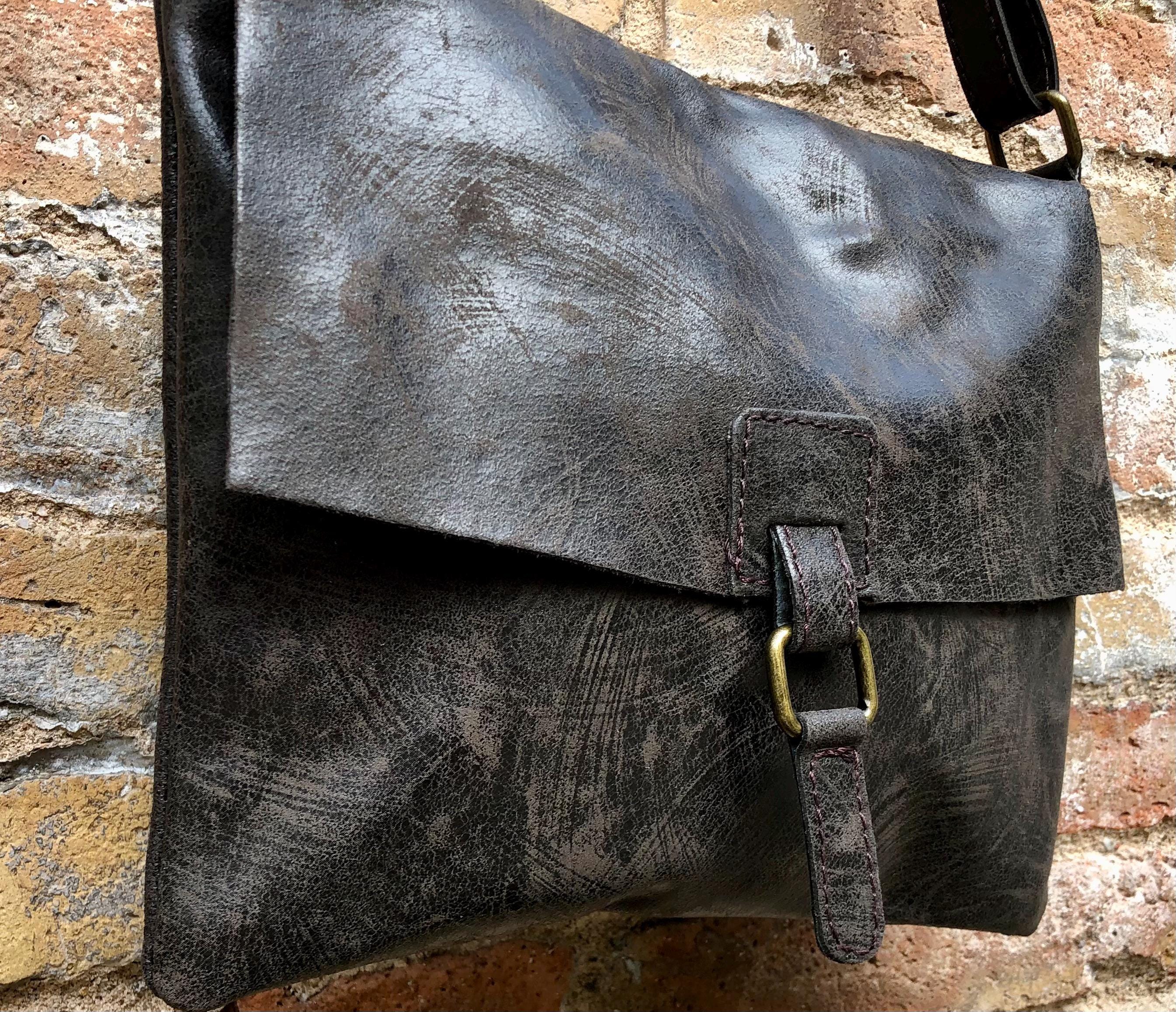 Dark brown leather messenger bag. Crossbody / shoulder bag with flap + zipper. Soft genuine leather messenger bag. Brown leather purse