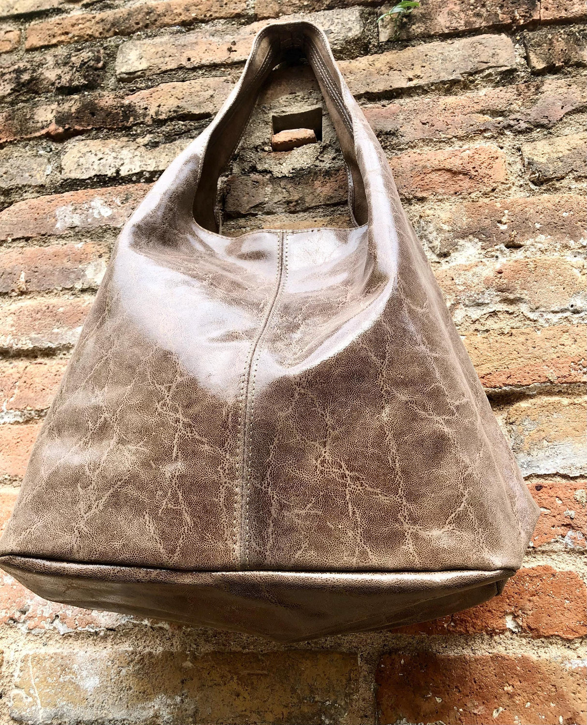 Slouch bag. Large TOTE leather bag in taupe glossy genuine leather. Light brown leather bag. Brown shopper with wide strap.Tan leather purse