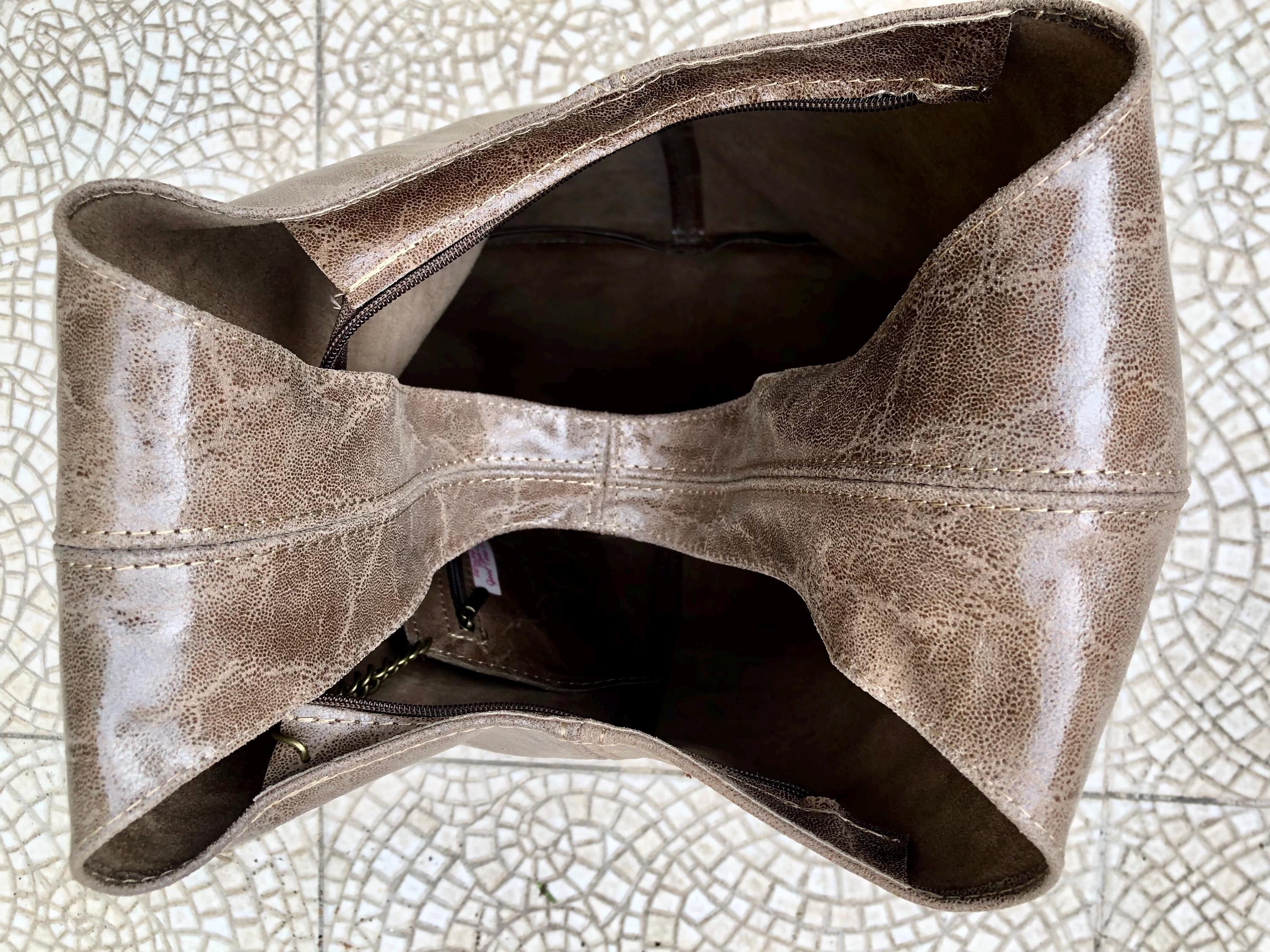 Slouch bag. Large TOTE leather bag in taupe glossy genuine leather. Light brown leather bag. Brown shopper with wide strap.Tan leather purse