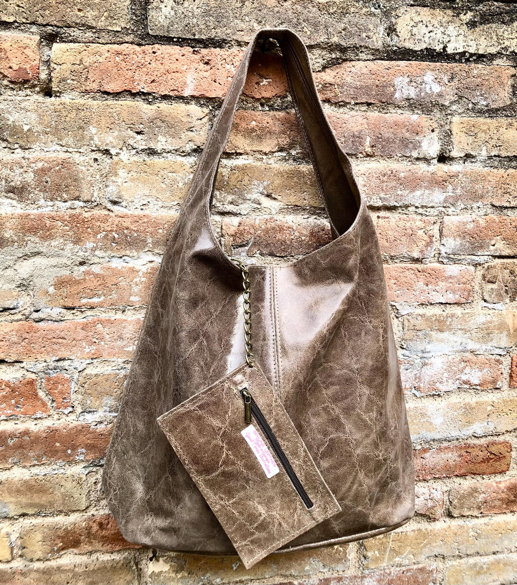 Slouch bag. Large TOTE leather bag in taupe glossy genuine leather. Light brown leather bag. Brown shopper with wide strap.Tan leather purse