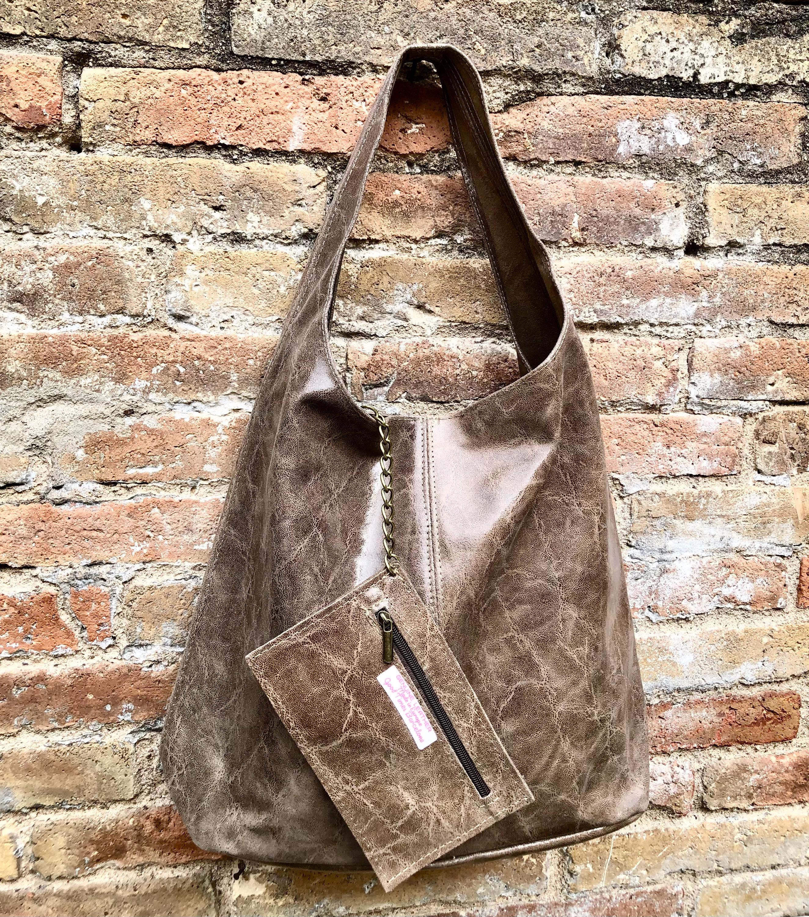 Slouch bag. Large TOTE leather bag in taupe glossy genuine leather. Light brown leather bag. Brown shopper with wide strap.Tan leather purse