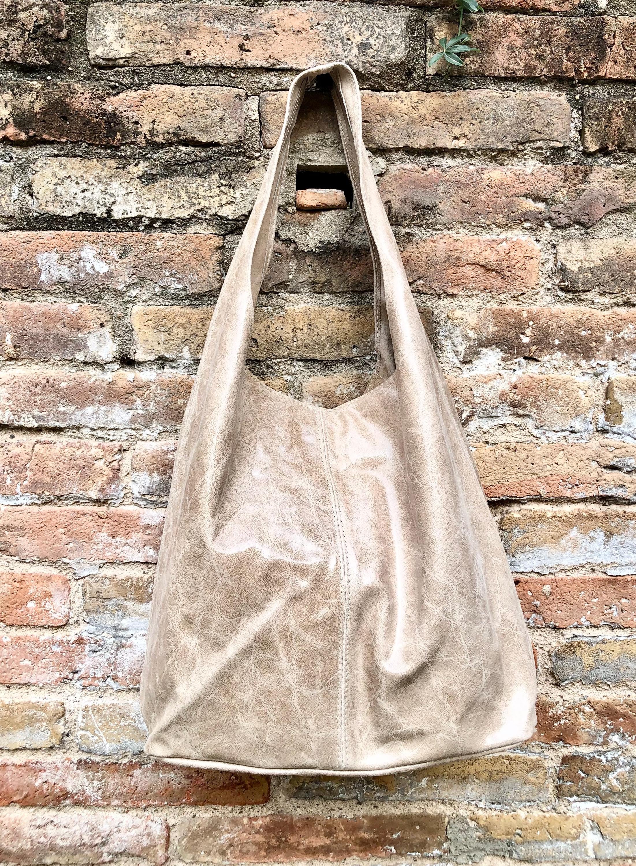 Slouch bag. Large TOTE leather bag in beige glossy genuine leather. Beige leather bag. Beige shopper with wide strap.Tan leather purse