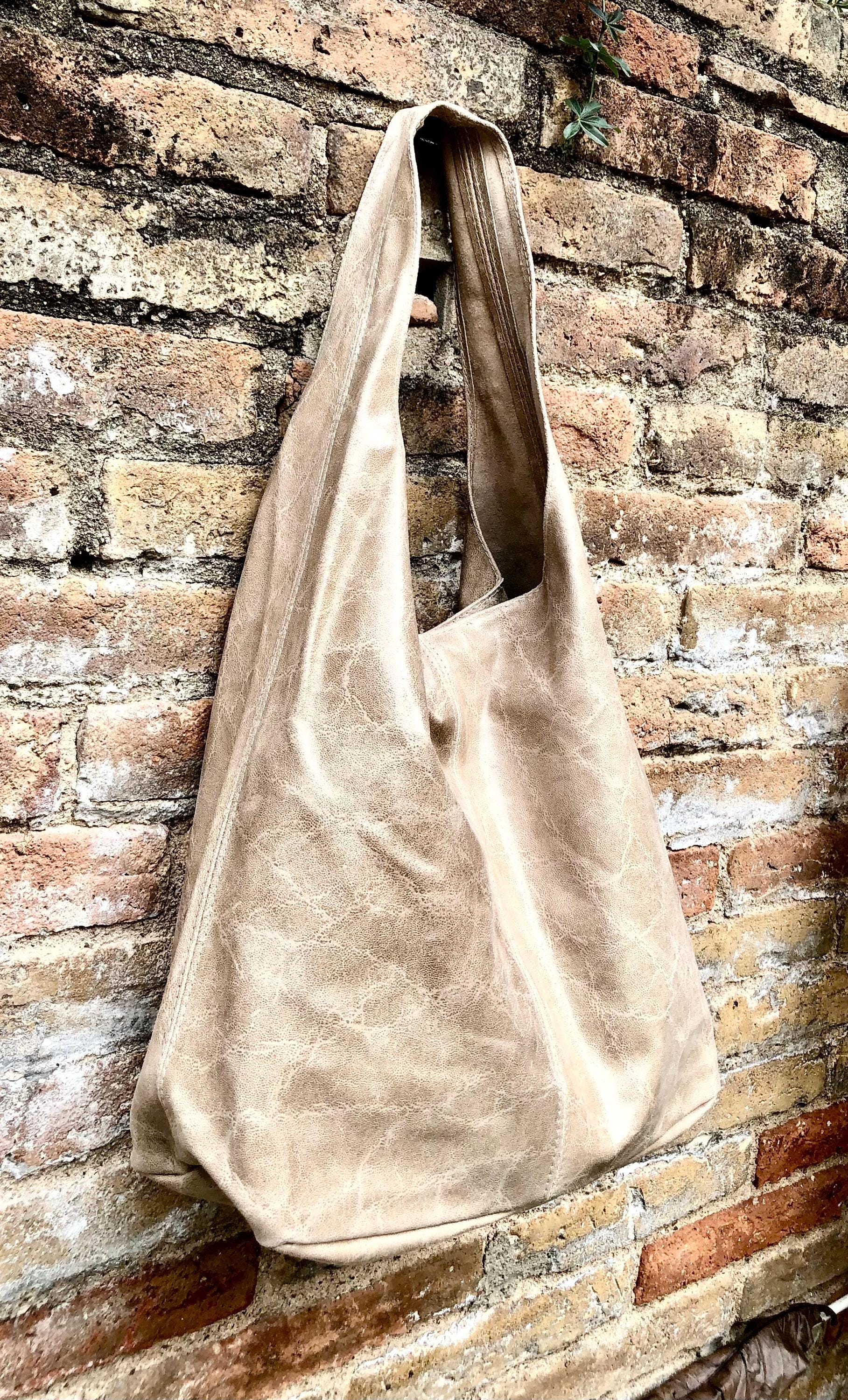Slouch bag. Large TOTE leather bag in beige glossy genuine leather. Beige leather bag. Beige shopper with wide strap.Tan leather purse