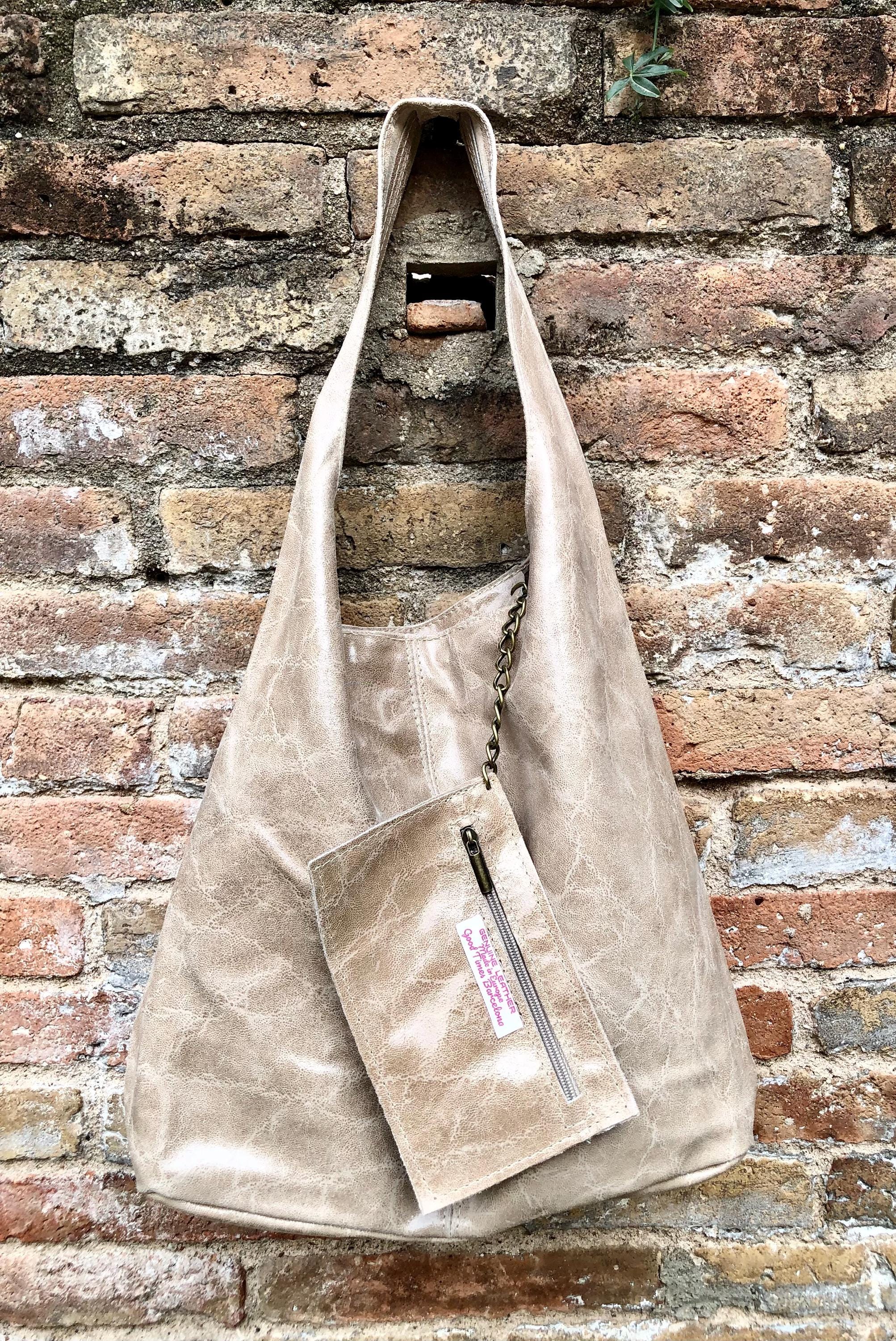Slouch bag. Large TOTE leather bag in beige glossy genuine leather. Beige leather bag. Beige shopper with wide strap.Tan leather purse