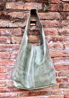 Green slouch tote leather bag in glossy genuine leather.Sage green leather bag. Shopper bag with wide strap. Light olive green leather purse