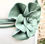 Flower leather belt in sage green. Waist, overall or dress belt. Genuine leather. Green rose belt. Large mint green flower.Green flower belt
