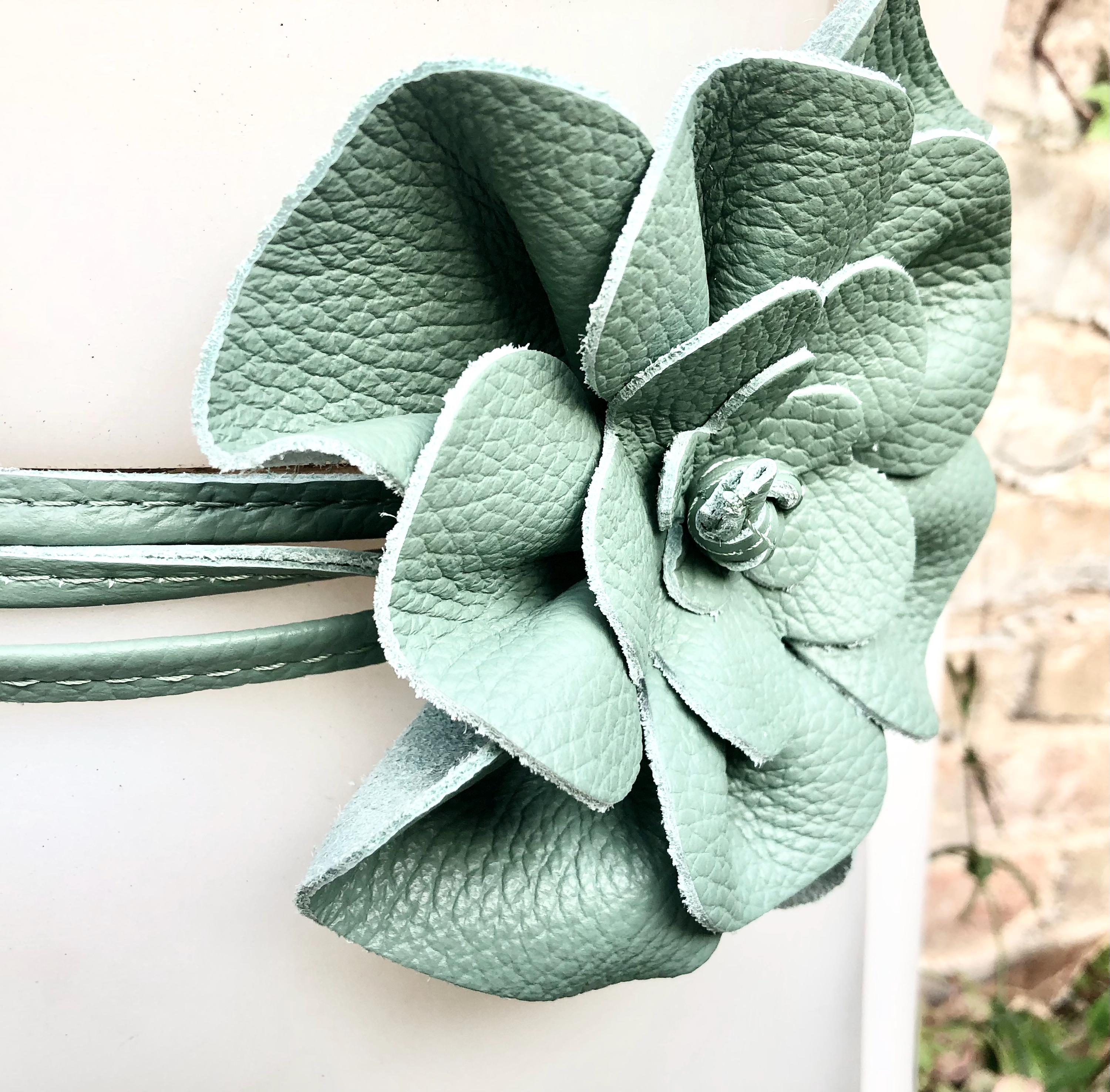 Flower leather belt in sage green. Waist, overall or dress belt. Genuine leather. Green rose belt. Large mint green flower.Green flower belt