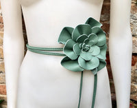 Flower leather belt in sage green. Waist, overall or dress belt. Genuine leather. Green rose belt. Large mint green flower.Green flower belt