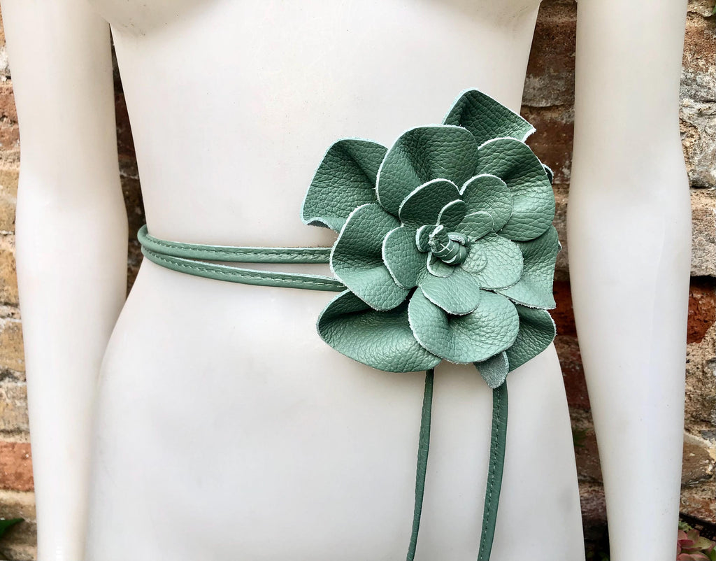 Flower leather belt in sage green. Waist, overall or dress belt. Genuine leather. Green rose belt. Large mint green flower.Green flower belt