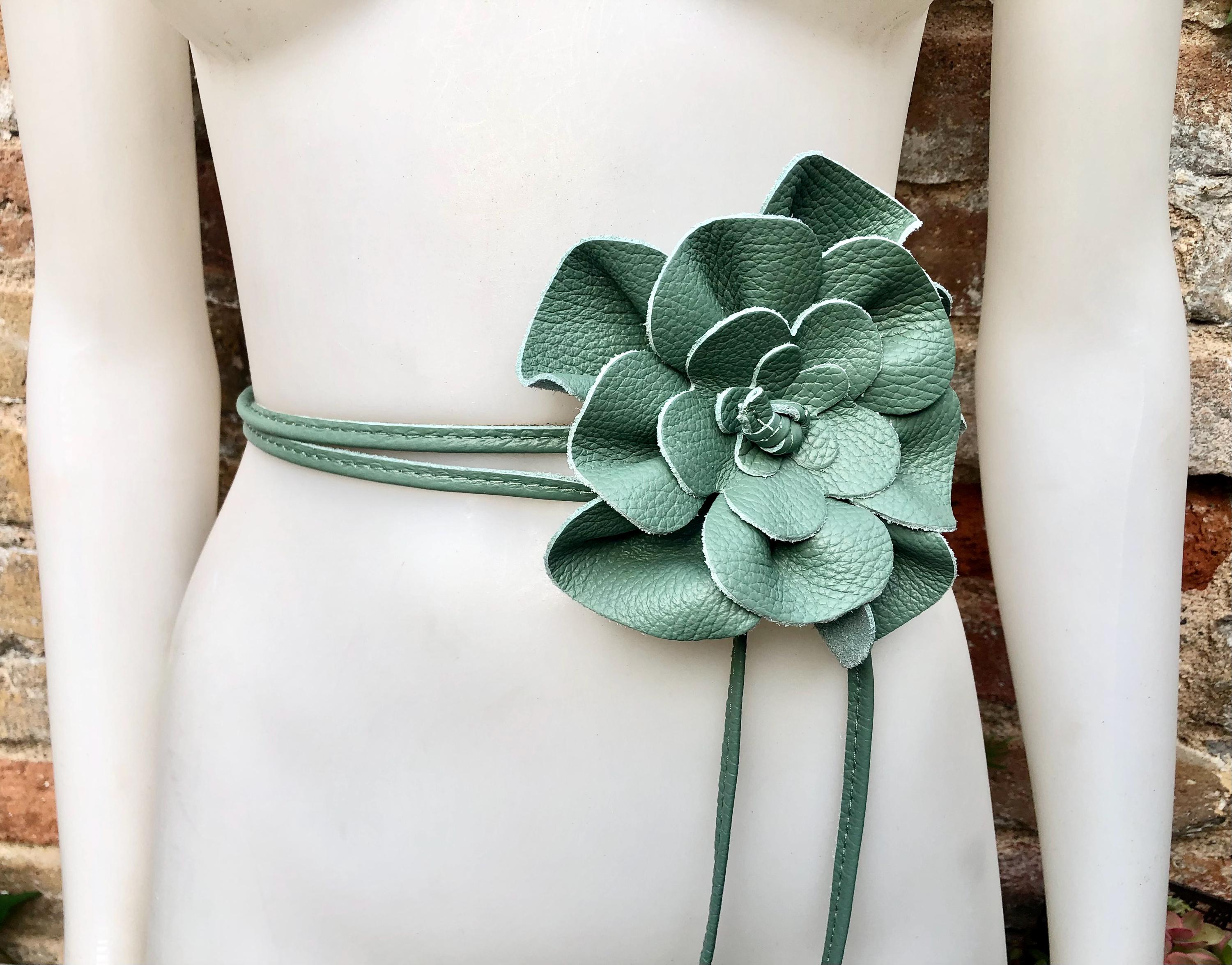 Flower leather belt in sage green. Waist, overall or dress belt. Genuine leather. Green rose belt. Large mint green flower.Green flower belt