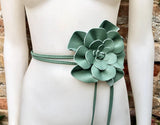Flower leather belt in sage green. Waist, overall or dress belt. Genuine leather. Green rose belt. Large mint green flower.Green flower belt