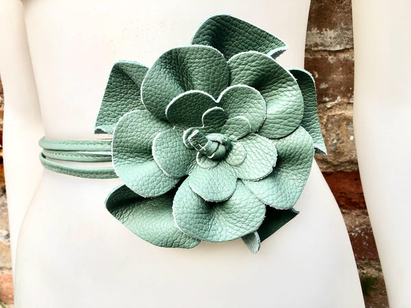 Flower leather belt in sage green. Waist, overall or dress belt. Genuine leather. Green rose belt. Large mint green flower.Green flower belt