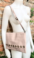 Light pink genuine leather crossbody / shoulder bag. Pink messenger. Zipper, flap + adjustable strap. Pink leather purse with bronze tacks