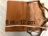 Light pink genuine leather crossbody / shoulder bag. Pink messenger. Zipper, flap + adjustable strap. Pink leather purse with bronze tacks
