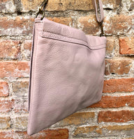 Light pink genuine leather crossbody / shoulder bag. Pink messenger. Zipper, flap + adjustable strap. Pink leather purse with bronze tacks