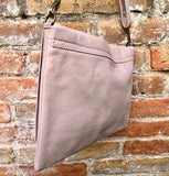 Light pink genuine leather crossbody / shoulder bag. Pink messenger. Zipper, flap + adjustable strap. Pink leather purse with bronze tacks