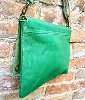 Green genuine leather crossbody / shoulder bag. Bright green messenger bag. Zipper, flap + adjustable strap. Green leather purse