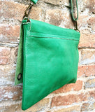 Green genuine leather crossbody / shoulder bag. Bright green messenger bag. Zipper, flap + adjustable strap. Green leather purse