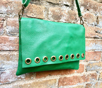 Green genuine leather crossbody / shoulder bag. Bright green messenger bag. Zipper, flap + adjustable strap. Green leather purse