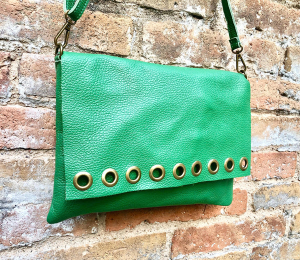 Green genuine leather crossbody / shoulder bag. Bright green messenger bag. Zipper, flap + adjustable strap. Green leather purse