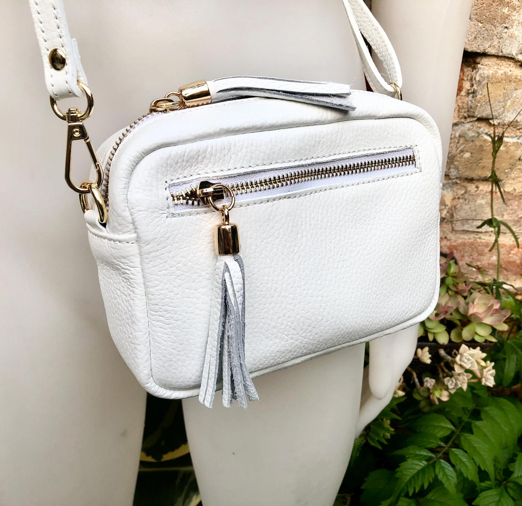 Small leather bag in white. GENUINE leather shoulder / cross body bag. White leather purse, adjustable strap + zippers.