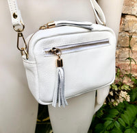 Small leather bag in white. GENUINE leather shoulder / cross body bag. White leather purse, adjustable strap + zippers.