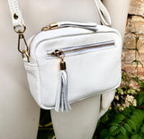 Small leather bag in white. GENUINE leather shoulder / cross body bag. White leather purse, adjustable strap + zippers.