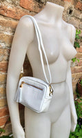 Small leather bag in white. GENUINE leather shoulder / cross body bag. White leather purse, adjustable strap + zippers.