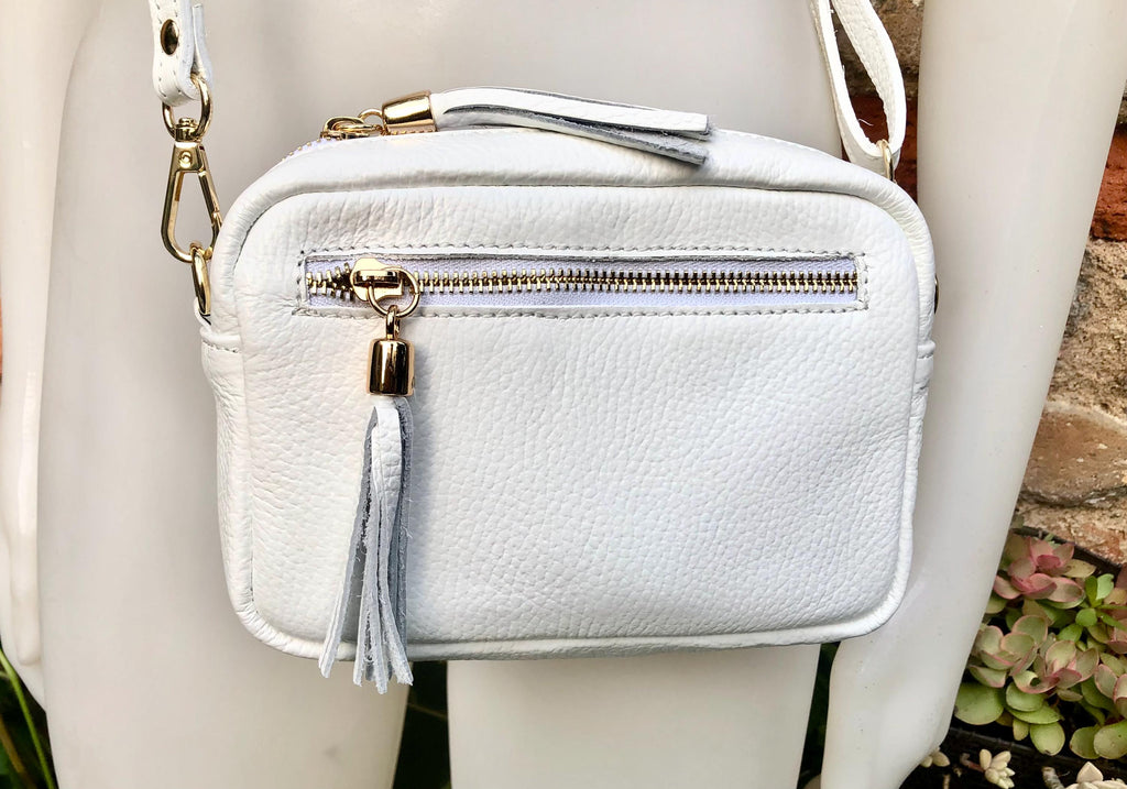 Small leather bag in white. GENUINE leather shoulder / cross body bag. White leather purse, adjustable strap + zippers.