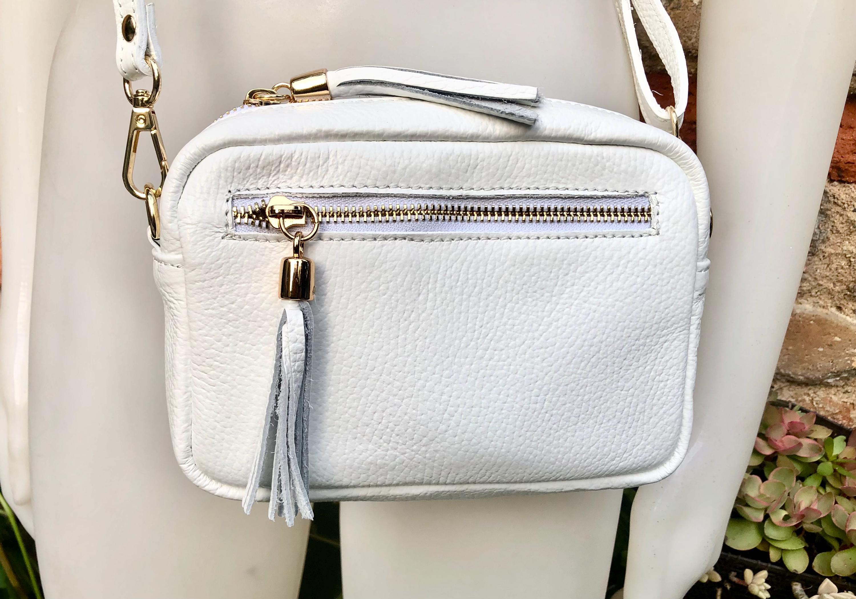 Small leather bag in white. GENUINE leather shoulder / cross body bag. White leather purse, adjustable strap + zippers.