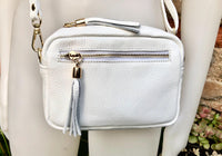 Small leather bag in white. GENUINE leather shoulder / cross body bag. White leather purse, adjustable strap + zippers.