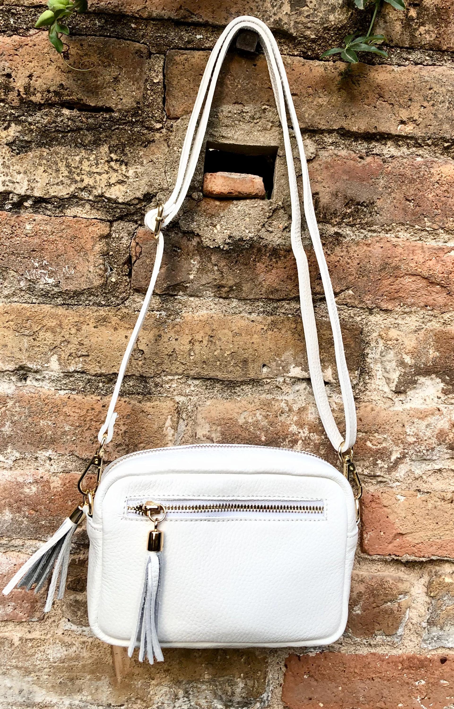 Small leather bag in white. GENUINE leather shoulder / cross body bag. White leather purse, adjustable strap + zippers.