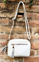 Small leather bag in white. GENUINE leather shoulder / cross body bag. White leather purse, adjustable strap + zippers.