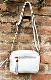 Small leather bag in white. GENUINE leather shoulder / cross body bag. White leather purse, adjustable strap + zippers.