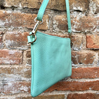 Small aqua green leather bag. GENUINE leather mint crossbody / shoulder bag . Light turquoise green leather purse with adjustable strap.