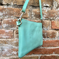 Small aqua green leather bag. GENUINE leather mint crossbody / shoulder bag . Light turquoise green leather purse with adjustable strap.
