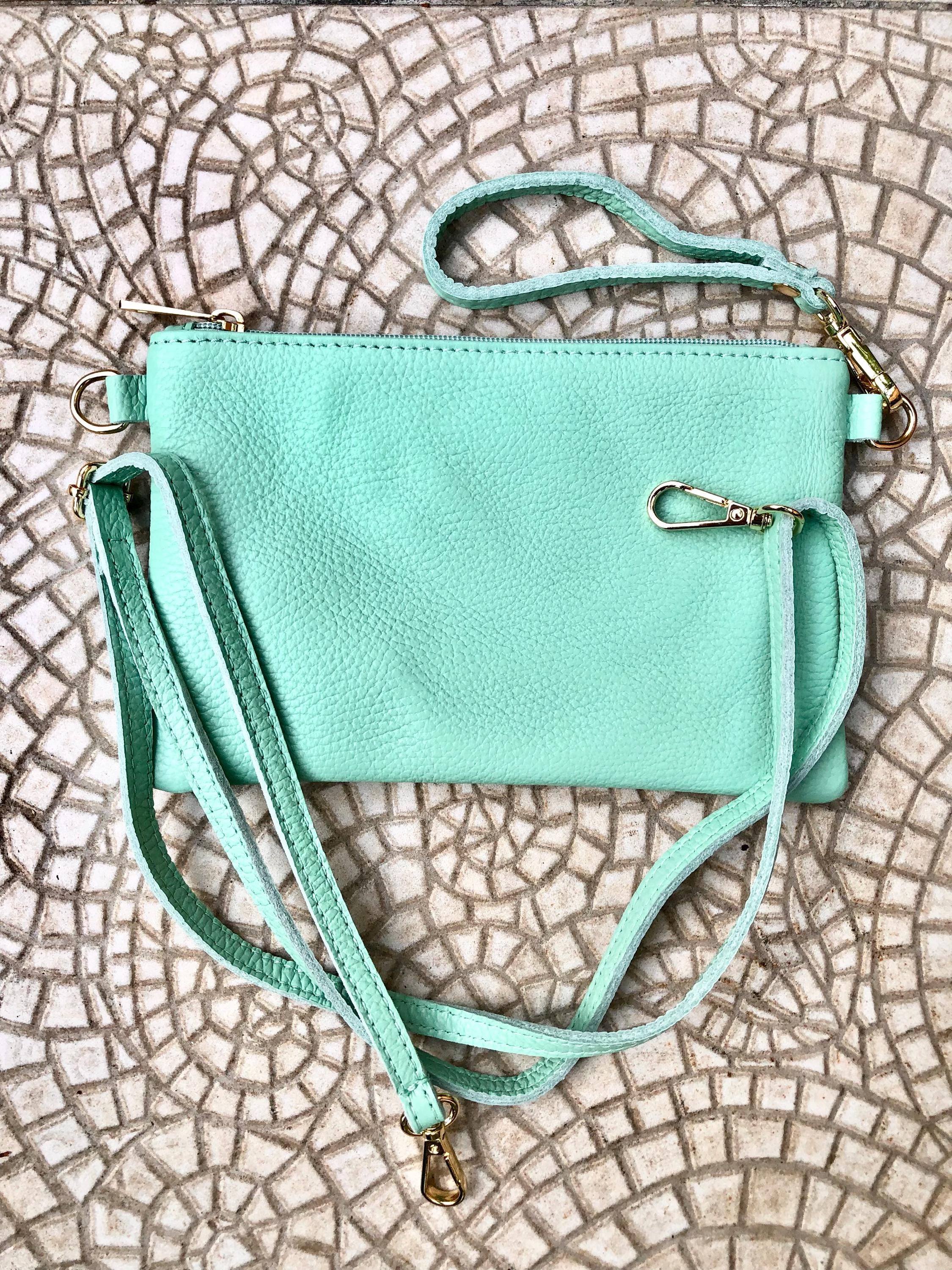Small aqua green leather bag. GENUINE leather mint crossbody / shoulder bag . Light turquoise green leather purse with adjustable strap.