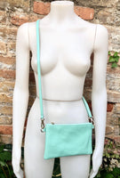 Small aqua green leather bag. GENUINE leather mint crossbody / shoulder bag . Light turquoise green leather purse with adjustable strap.